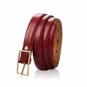 Skórzany pasek damski Betlewski® z wytrzymałej bydlęcej skóry licowej - CZERWONY PASEK SKÓRZANY Z ZŁOTA KLAMRĄ
