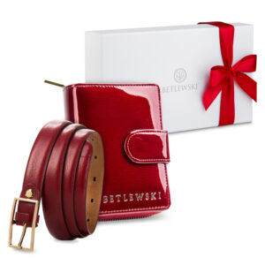 Zestaw prezentowy dla niej - Elegancki portfel damski & cienki skórzany pasek  - czerwony zestaw prezentowy na dzień kobiet, pomysł na prezent dla mamy, żony, dziewczyny, babci